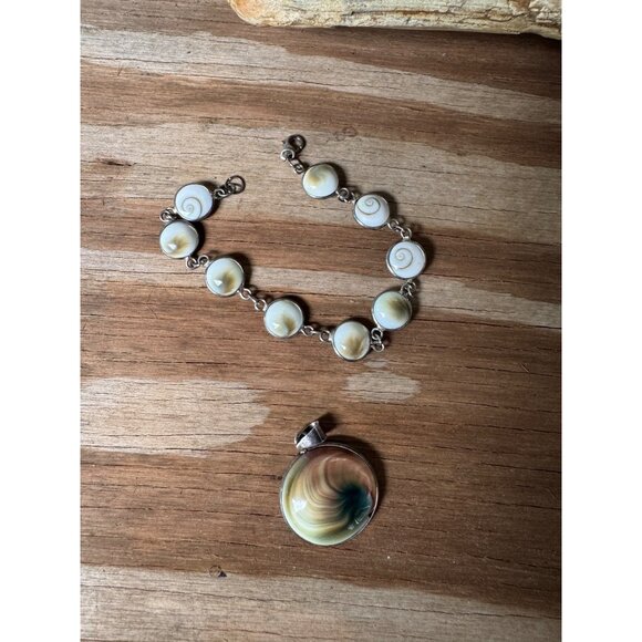 Sterling Silver Operculum Shiva Eye Shell Cats Eye Pendant Bracelet Set - Picture 1 of 4